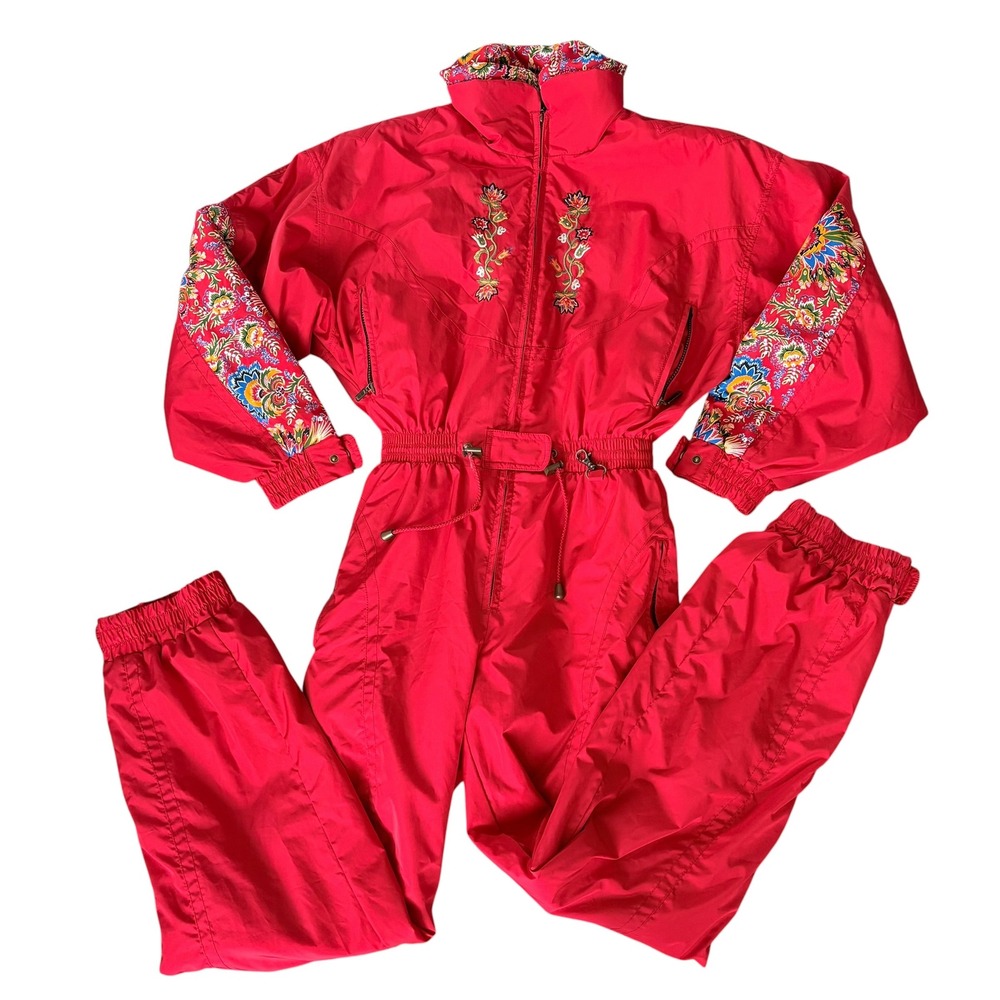 Powderhorn Rare Vintage Red Apre Ski Suit Overall Floral Embroidery Paisley 10